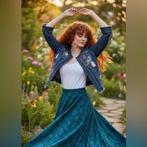 Vintage Sequin Embroidered Floral Open Front Denim Jean Jacket Size XL